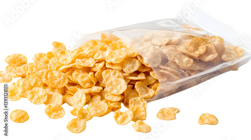 Caramel cornflakes in a clear plastic bag with a glossy texture on a white background