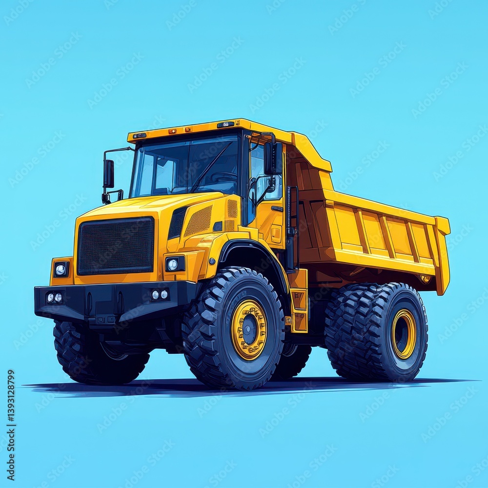 Fototapeta premium Heavy-duty yellow dump truck on a bright blue background during daylight hours