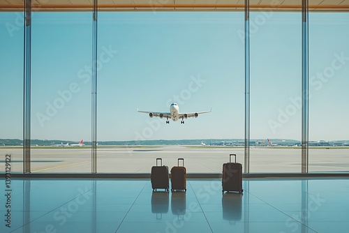 A plane is landing at the airport near waiting luggage