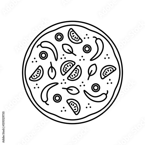  Top view vector whole tasty mexican pizza with tomato and hot chilli pepper isolated on white background.