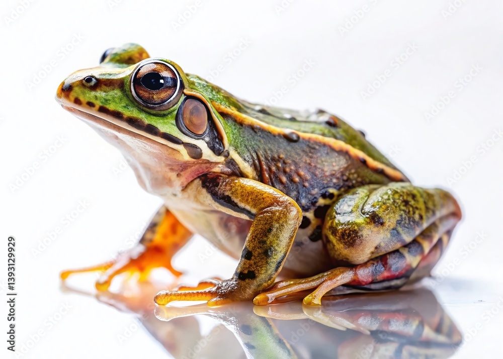 Obraz premium European Marsh Frog Rana ridibunda Closeup Isolated on White Background Stunning Detail for Educational or Scientific