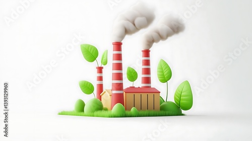 Eco conscious factory with green smokestacks and floating leaves in 3D style picture