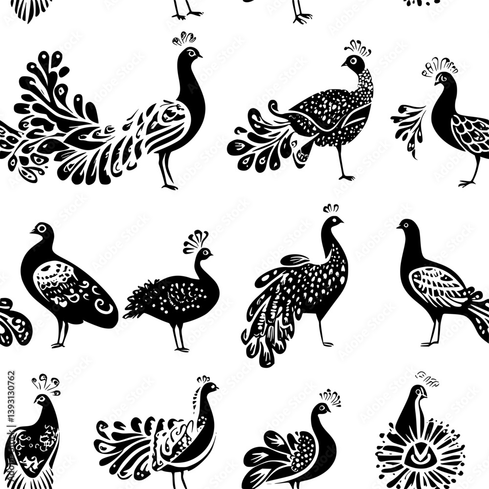 Fototapeta premium Pattern of Peacocks vector icons, Peacocks tiled design