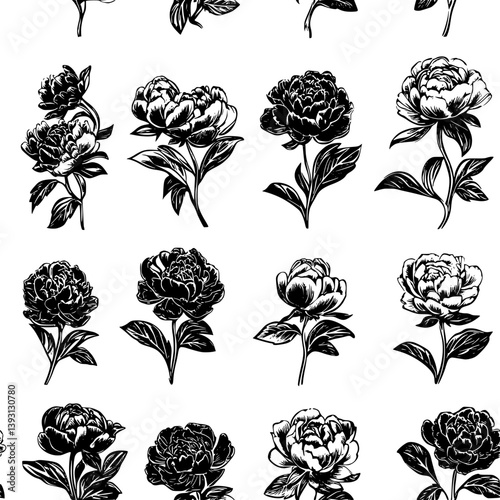 Pattern of Peonies vector icons, Peonies seamless pattern