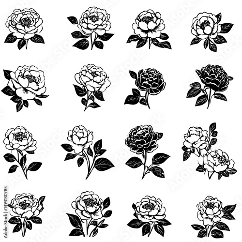 Pattern of Peonies vector icons, Peonies reapeating pattern