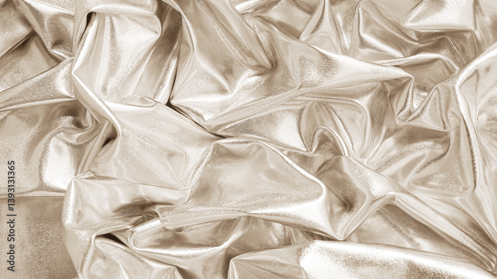 Light soft pastel pale brown beige nude white abstract shiny fabric background. Shine sparkle glitter liquid fluid metal metallic foil. Fold ripple drapery. Design. Luxury style beauty glamour festive
