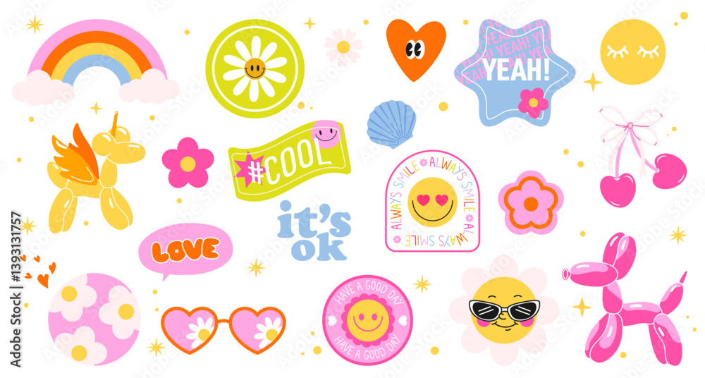 Fototapeta premium Trendy Y2K and boho-style vector sticker set. Bright rainbows, smiley faces, balloon animals, hearts, and fun quotes — perfect for adding positive vibes to stories, blogs, or fashion designs. 