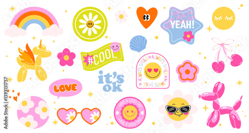 Trendy Y2K and boho-style vector sticker set. Bright rainbows, smiley faces, balloon animals, hearts, and fun quotes — perfect for adding positive vibes to stories, blogs, or fashion designs. 