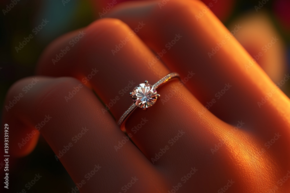 Obraz premium Elegant Engagement Ring Glimmers in Soft Light on a Delicate Hand