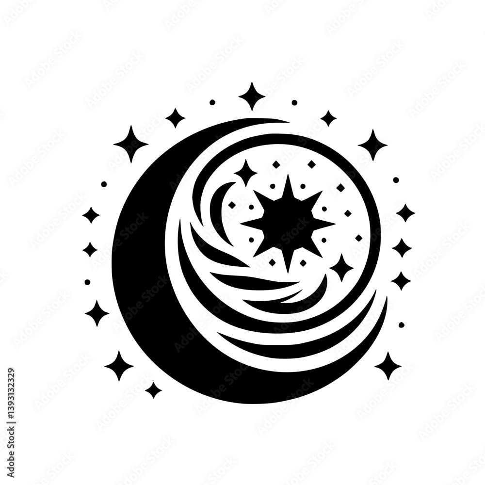 Celestial Symbol: Moon, Star, and Starburst Black & White Graphic Celestial Symbol: Moon, Star, and Starburst Black & White Graphic