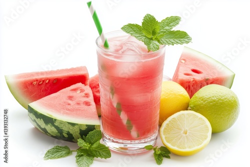Refreshing Watermelon Lemonade Cocktail With Fresh Fruits on Wooden Table