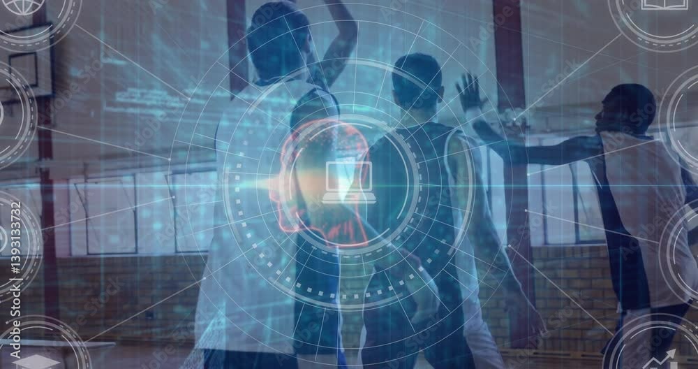 Digital brain interface animation over diverse people collaborating in modern office Digital brain interface animation over diverse people collaborating in modern office