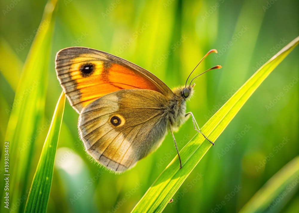 Closeup of a Meadow Brown Butterfly Underwing Displaying Intricate Wing Patterns on Lush Grass Closeup of a Meadow Brown Butterfly Underwing Displaying Intricate Wing Patterns on Lush Grass