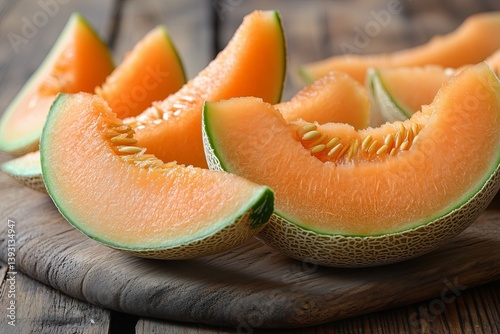 Juicy cantaloupe melon cut into slices on a contrasting background