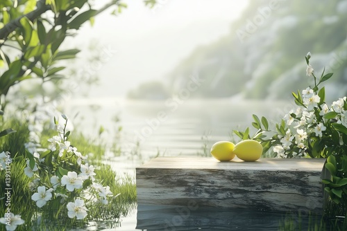 A natural wood trunk for product display on the grass, surrounded by clear water and lemons, the big green plants and jasmine flowers