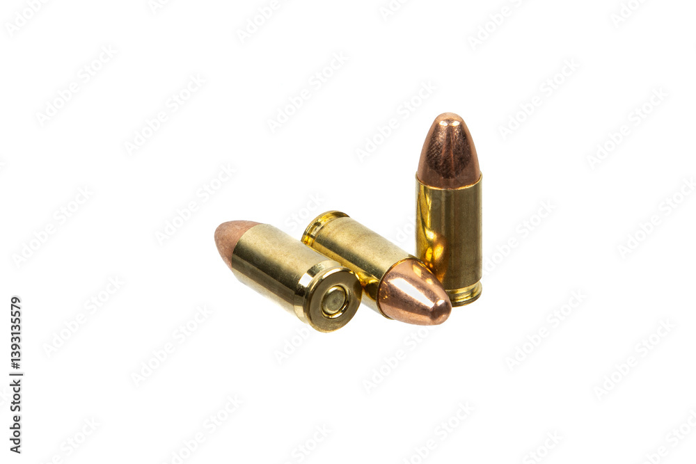 Three 9mm bullets isolated on a white background. Three 9mm bullets isolated on a white background.