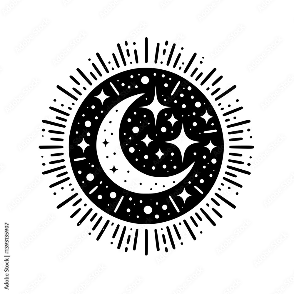Celestial Moon and Stars Silhouette, Black and White, Vector Graphic Celestial Moon and Stars Silhouette, Black and White, Vector Graphic