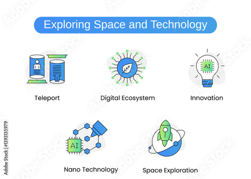 Exploring Space and Technology Icon Set. Teleport, Digital Ecosystem, Innovation, Nano Technology, Space Exploration. Vector icon set.