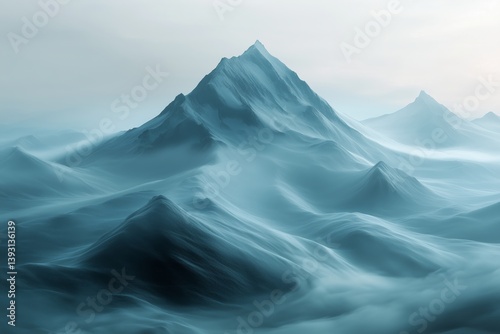 Majestic Mountain Range Enveloped in Mist With Soft, Flowing Ice Landscapes D...