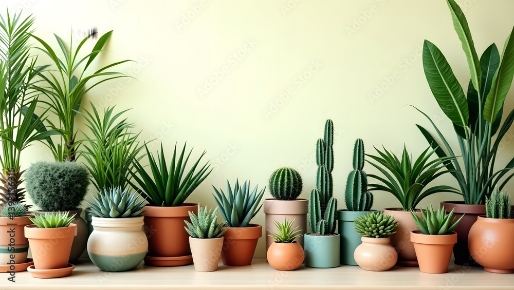 Obraz premium Stylish composition of home garden interior filled a lot of beautiful plants, cacti, succulents, air plant in different design pots.