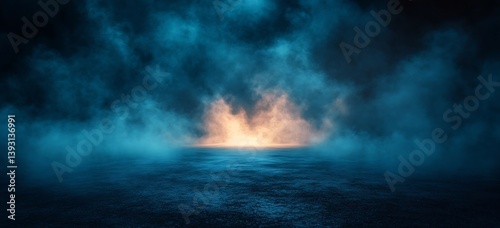 Mystical Dark Blue Stage with Smoke and Light Effect Perfect for Backgrounds and Digital Art Projects Moody Ambience : Generative AI