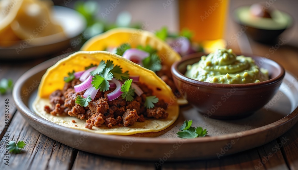 Delicious Tacos with Meat and Guacamole on Wooden Table Delicious Tacos with Meat and Guacamole on Wooden Table