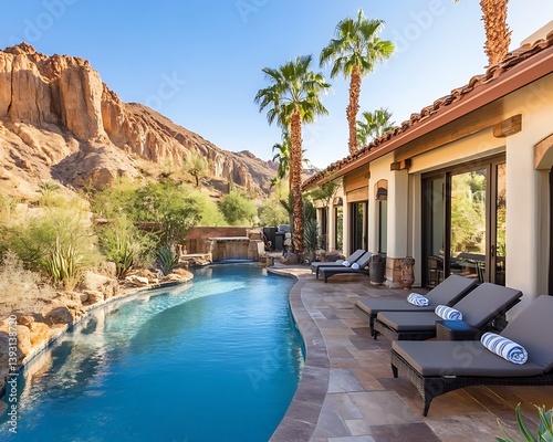A luxurious outdoor space featuring a pool and mountain views