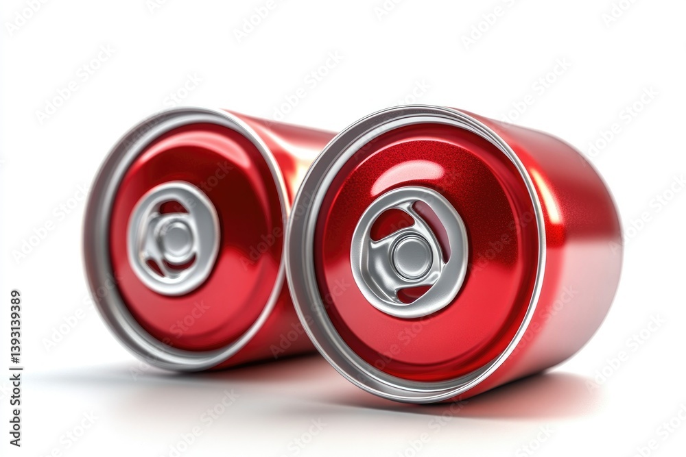 Two Red Aluminum Cans Lying Down Close Together on White Background Two Red Aluminum Cans Lying Down Close Together on White Background