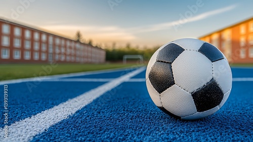 A soccer ball resting on a blue track near buildings