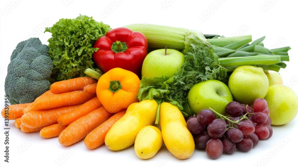 Collage of mixed fruits and vegetables on white background