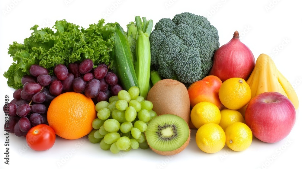 Collage of mixed fruits and vegetables on white background