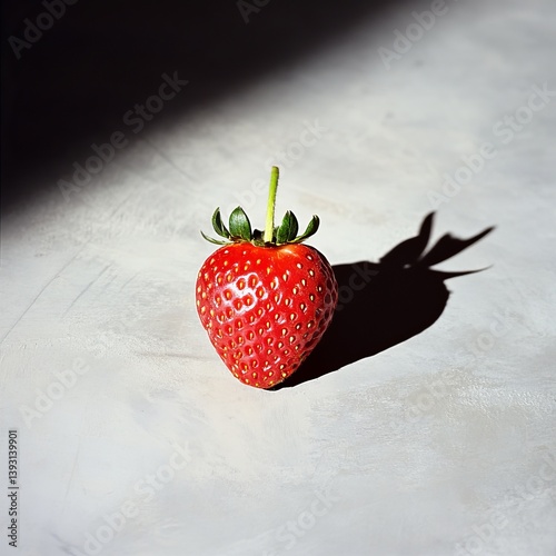 Close up of a single strawberry casting a dramatic shadow