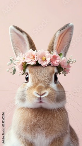 Bunny Wears Floral Crown Against Soft Pink Background for Adorable Springtime...