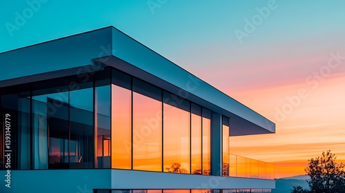 A luxury modern villa at sunset, the glass walls reflecting a gradient of warm orange, soft pink, and deep blue as the sky transitions into twilight.