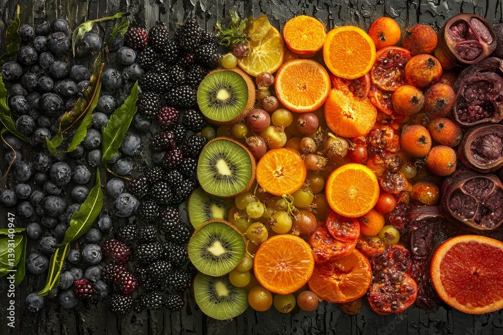 different fruits and berries that differ from each other by their color gradient
