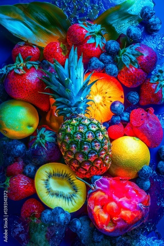 Floating tropical fruits with a glowing neon background with reflection
