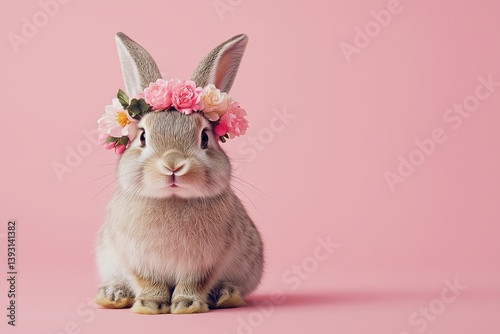 Cute Rabbit With Floral Crown Against a Pink Background in a Playful Setting