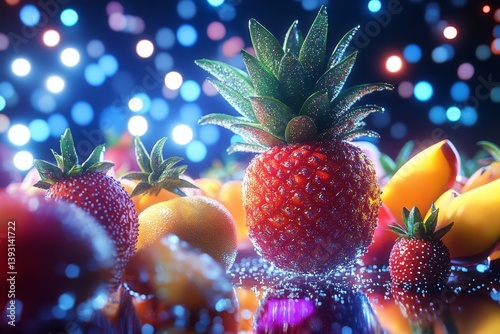 Floating tropical fruits with a glowing neon background with reflection