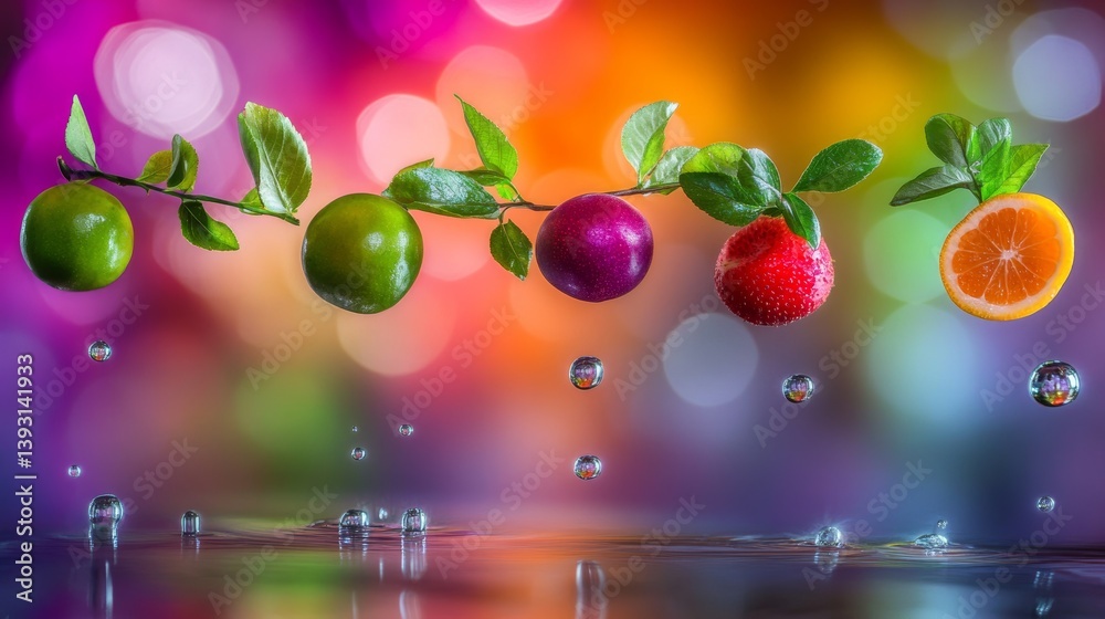 Floating tropical fruits with a glowing neon background with reflection