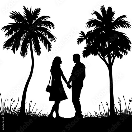  Сouple in love silhouetted against palm trees  
