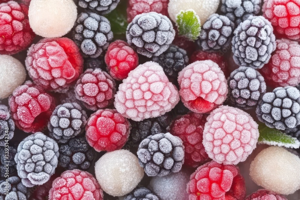 Frozen berries covered in frost with soft lighting