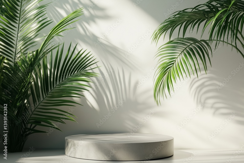 Showcase Greenery and Textures on a Circular Pedestal in a Minimalist Setting Showcase Greenery and Textures on a Circular Pedestal in a Minimalist Setting