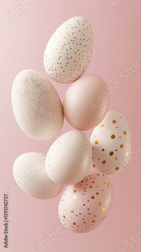 Decorative Pastel Eggs in Various Designs Arranged on a Soft Pink Background