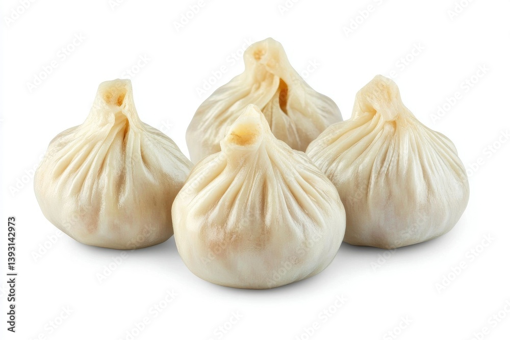 Obraz premium Four Delicious Steamed Dumplings Isolated on White Background in Close-up