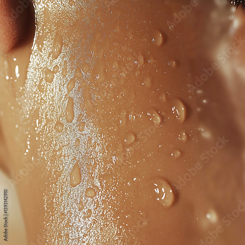 Close-up of water droplets on a person's skin, showcasing hydration and sweat 