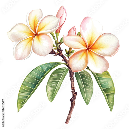 A watercolor vector illustration of a plumeria branch, isolated on a white background.


