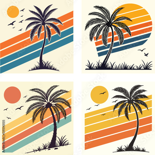 A palm tree silhouette on retro stripes with a sun background