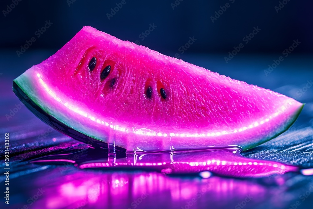 Glowing neon watermelon slice with dripping juice on a black background