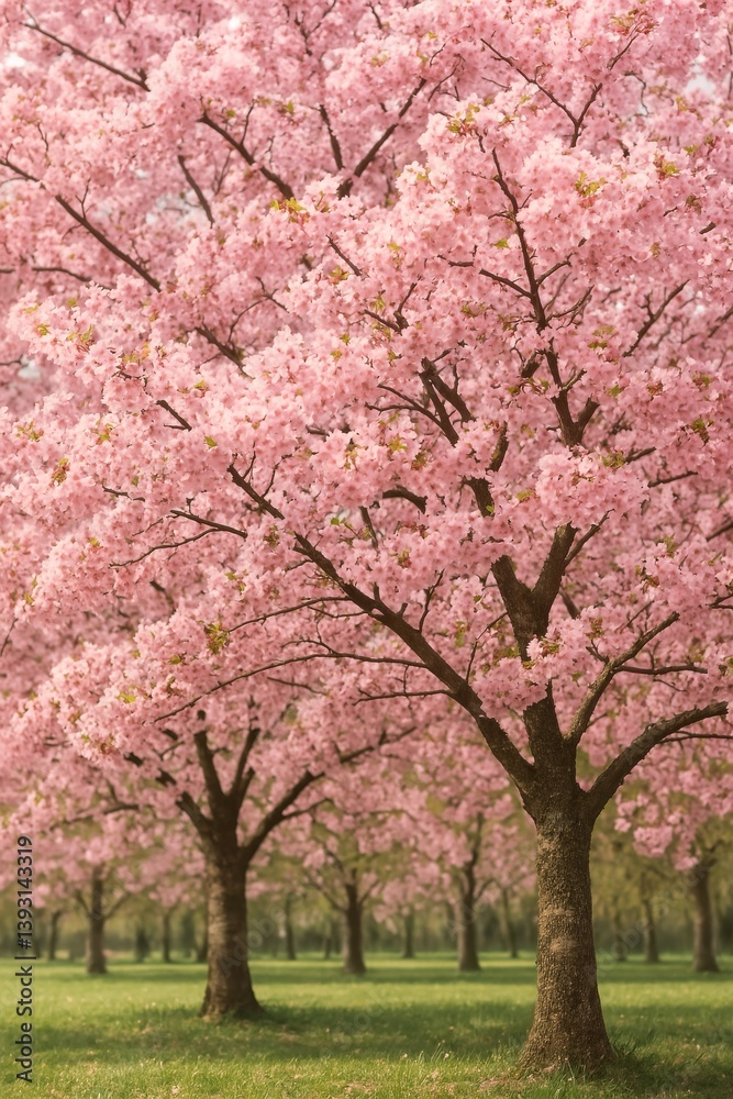 Naklejka premium Cherry Blossom Trees Create a Beautiful Pink Pathway in Springtime Park Setting