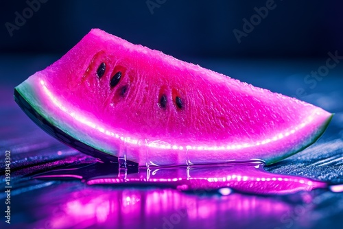 Obraz na płótnie Glowing neon watermelon slice with dripping juice on a black background w salonie